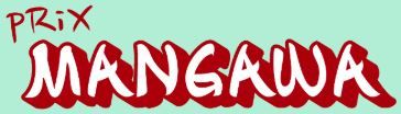 Logo officiel "Prix Mangawa", fond turquoise, texte rouge et blanc.