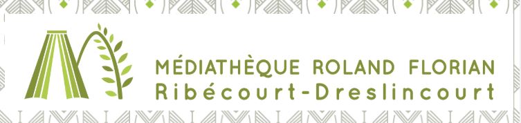 Bandeau de la Médiathèque de Ribécourt, texte et dessin en vert, dessin formant un "M" avec des traits et des feuilles