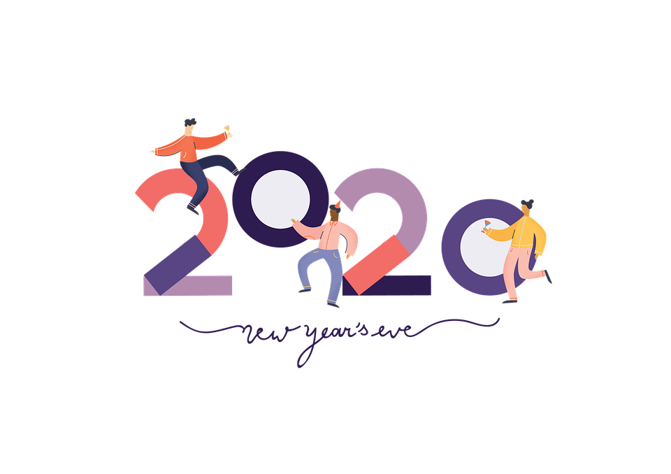 Bonne année en anglais avec 2020 écrit au-dessus et des personnages dansants et festifs