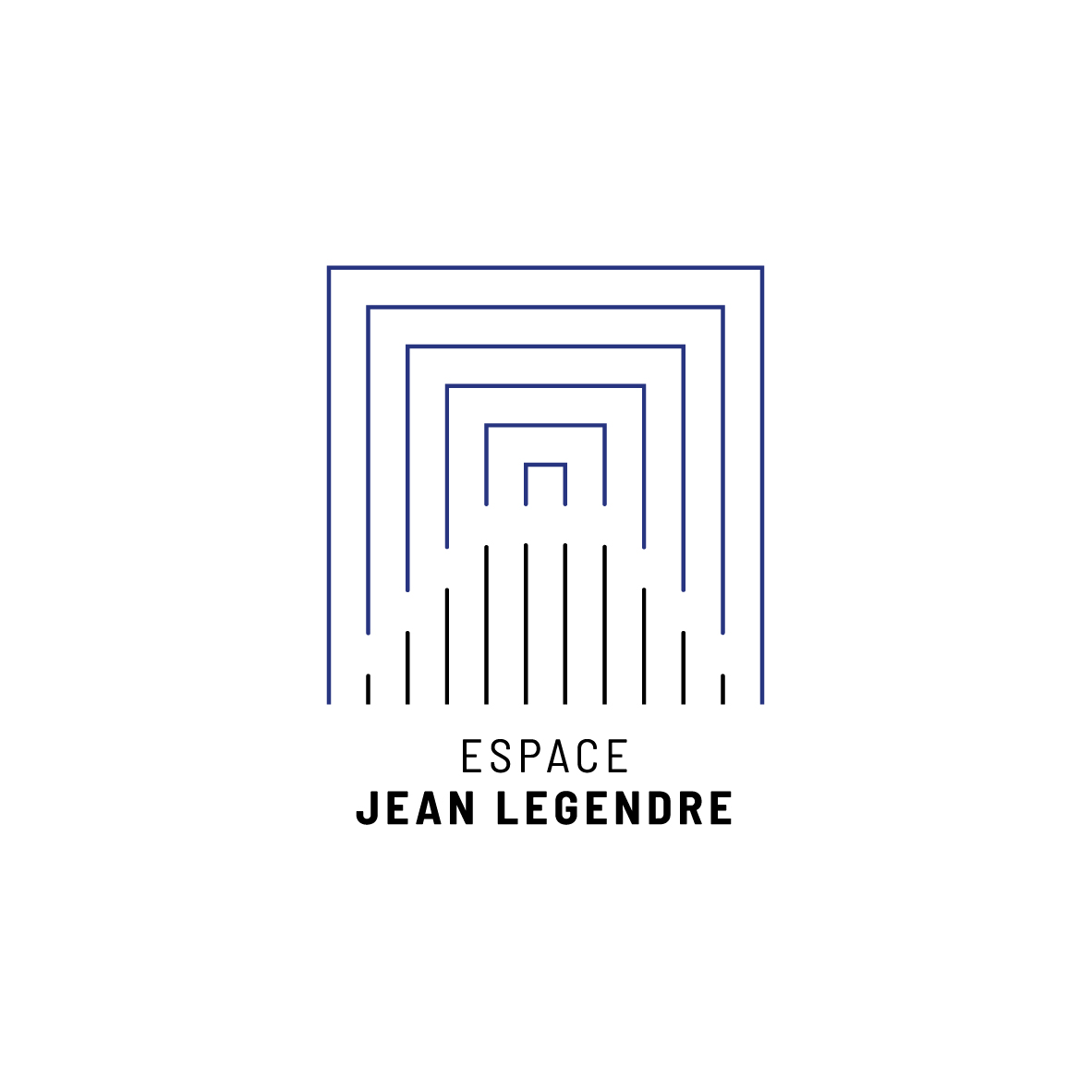 Logo officiel "Espace Jean Legendre, Théâtre de Compiègne", texte blanc sur fond bleu pétrole pastel.