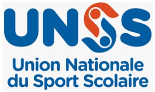 Logo "UNSS Union Nationale du Sport Scolaire", texte bleu et haut du 1er "S" en rouge
