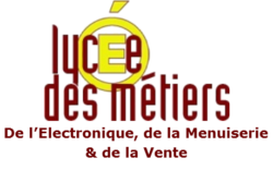 Logo officiel "Lycée des Métiers" avec texte supplémentaire "De l'Electronique, de la Menuiserie & de la Vente", texte en rouge foncé, la lettre "é" du mot "lycée" est en jaune et entouré d'un cercle jaune.